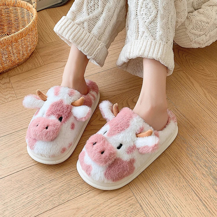 Casual Fluffy Slippers Women House Cute Cartoon Cow Designer Shoes Girl Flat Fashion Elegant Plush Winter Platform Footwear Home - Smarsty