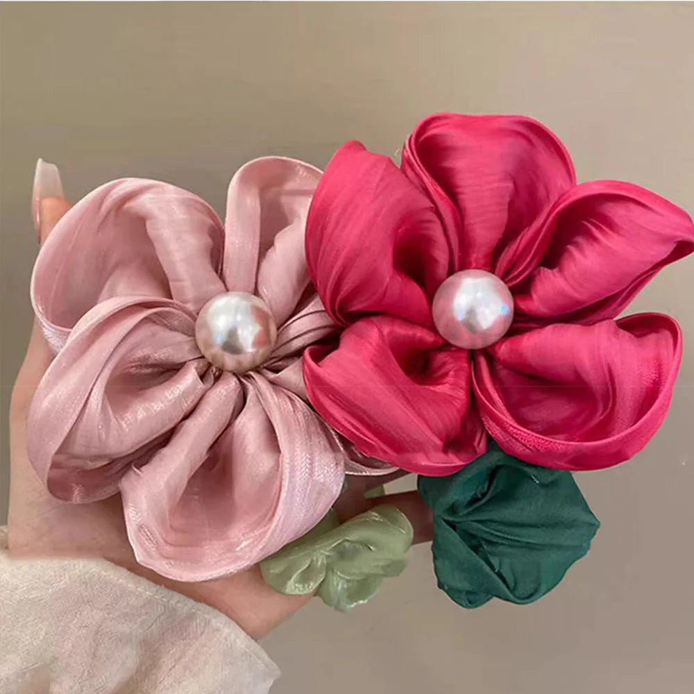 Summer Pearl Flower Scrunchie High Elastic Hair Tie - Smarsty
