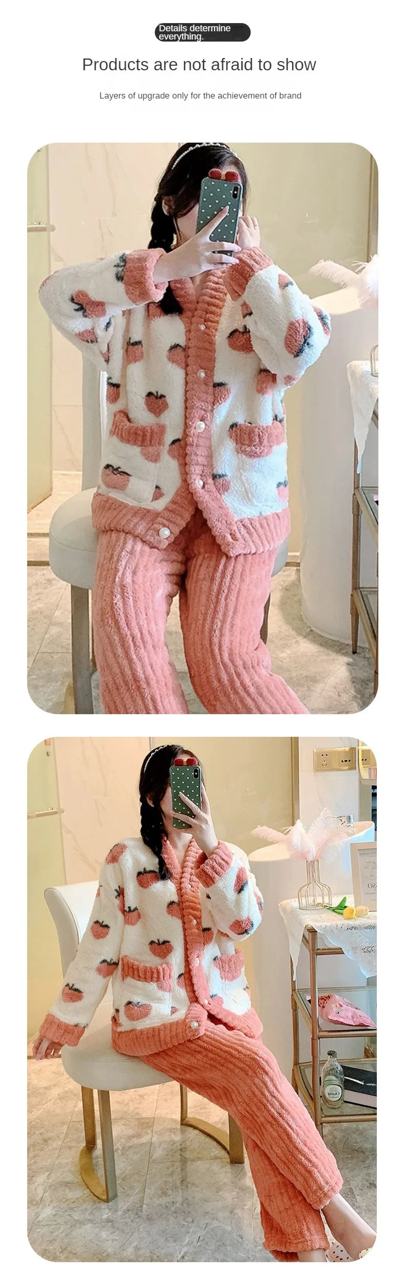 Padded and Thickened Warm Flannel Women Pajamas Loungewear Winter Peach Sleepwear Homewear Coral Velvet Two-Piece Set Nightwear - Smarsty