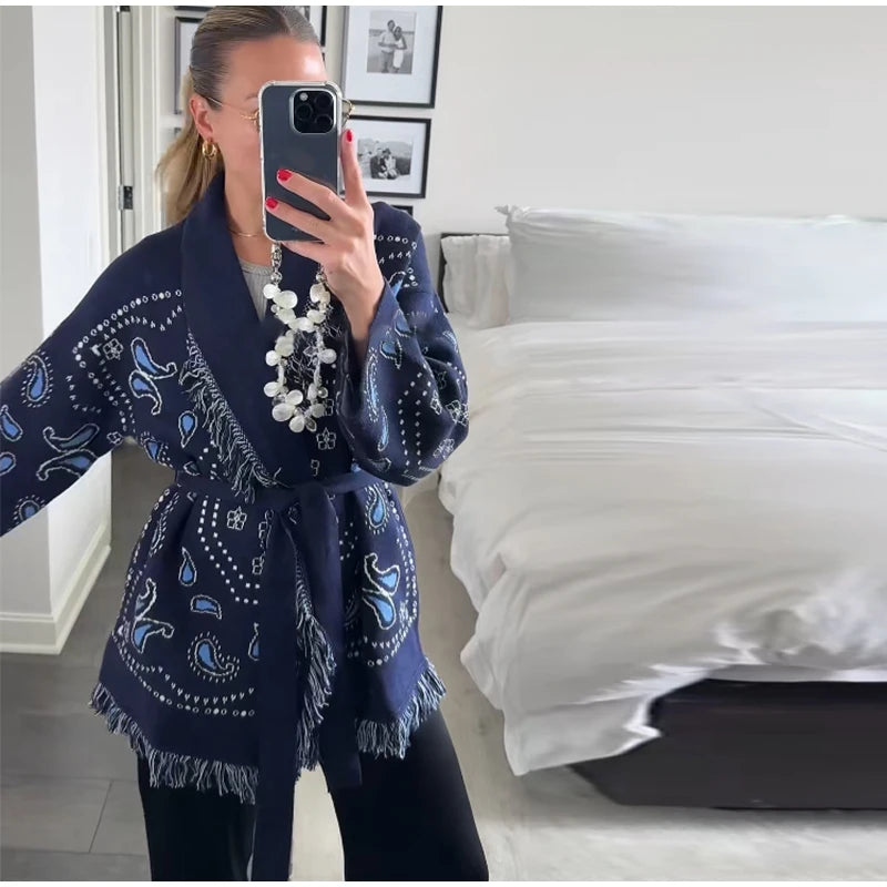 Tassel Patchwork Printed Cardigan Women Geometric Patterns Belts V-neck Long Sleeve Knitted Street Lady Sweater 2025 Autumn Coat - Smarsty