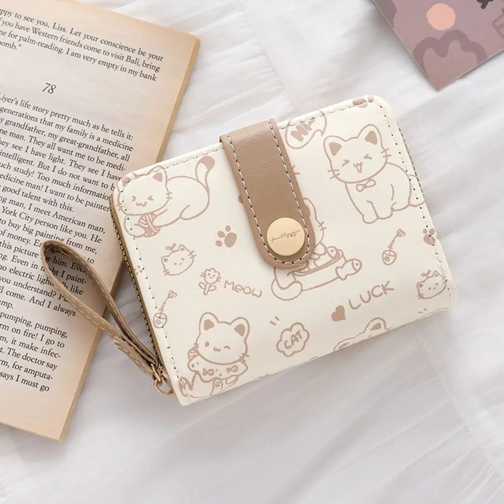 Cute Cat Coin Purse Women Fashion Short Wallet PU Leather Large Capacity Wallet Lightweight ID Card Holder Travel Cash Coin Bag - Smarsty