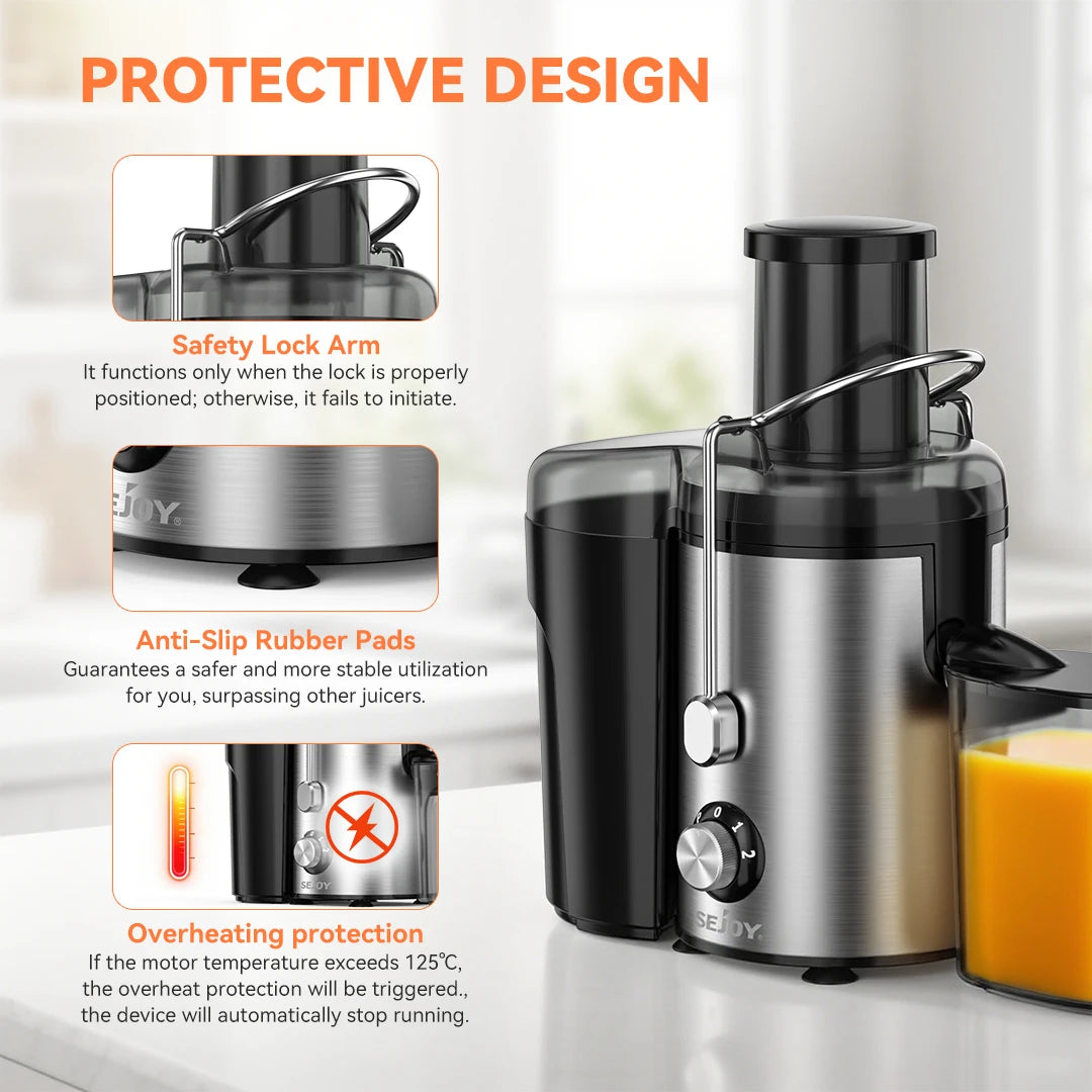 Sejoy Compact Fruits Juicer,Juice Extractor Machine Multiple Safety Features Operation Centrifugal Extractor Speed Adjustable