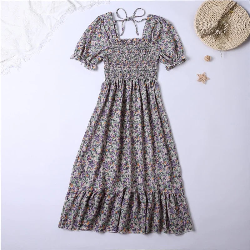 Summer Pleated Women Chiffon Dresses Casual Beach Holiday Short Sleeve Square Collar Woman Midi Dress Bohemian Mujer Vestidos - Smarsty