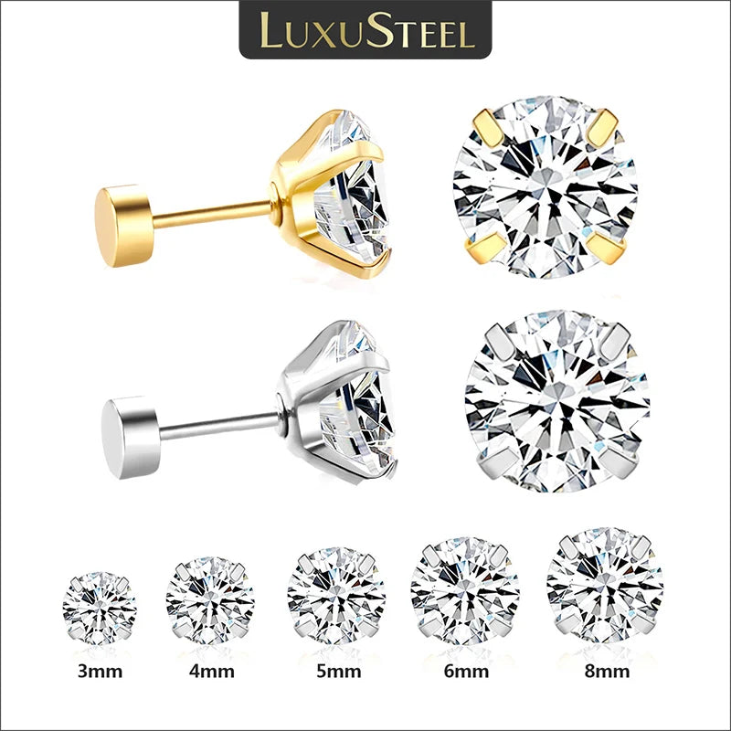 Stainless Steel Cubic Zirconia Stud Earrings Screw Back - Smarsty