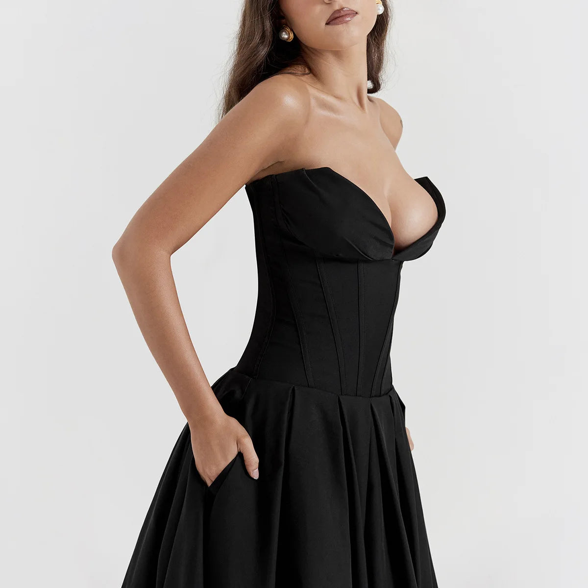 Suninheart Black Elegant Wedding Events Dress Sexy Strapless Corset Dress Midi Christmas Party Dresses for Women Clothing 2023 - Smarsty
