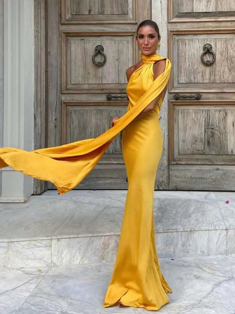 Elegant Solid Ribbon Women Halter Dress Off Shoulder Sleeveless Backless Slim Female Maxi Dresses 2025 Summer New Chic Lady Robe - Smarsty