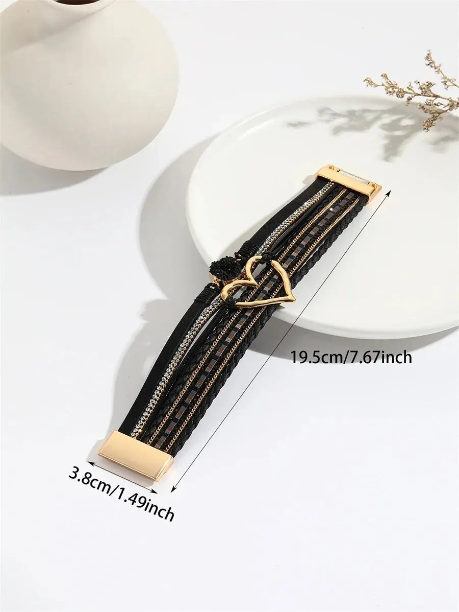 Women Leather Heart Charm Bracelet Rhinestone Wrap - Smarsty