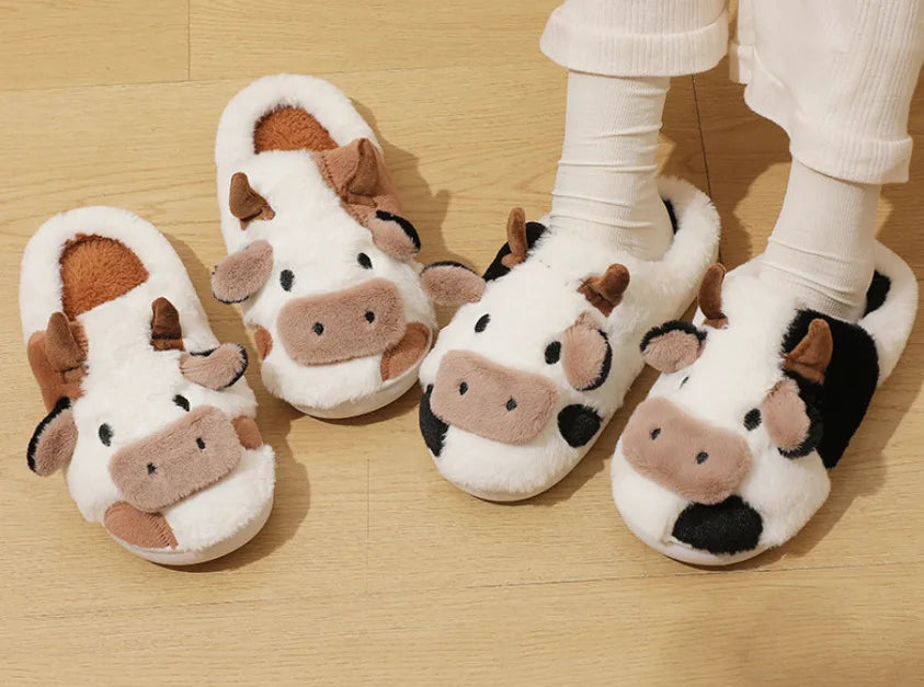 Winter Home Slippers for Couples Warm Plush Neutral Cartoon Cow Indoor Anti Slip Comfortable Cotton Slippers for Men and Women - Smarsty