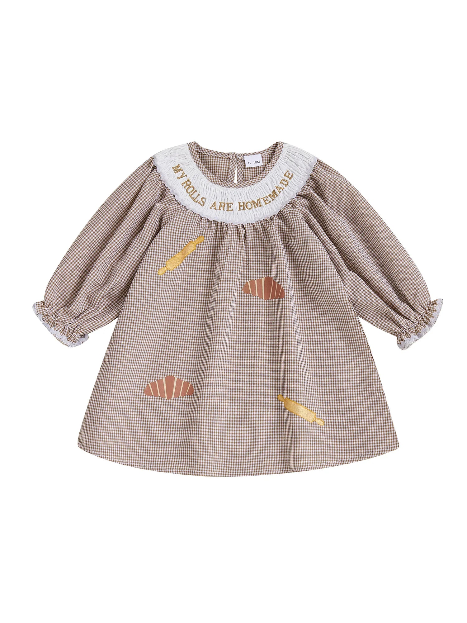 Thanksgiving Turkey Embroidered Plaid Dress with Peter Pan Collar and Long Sleeves for Girls - Festive Fall Outfit for Kids