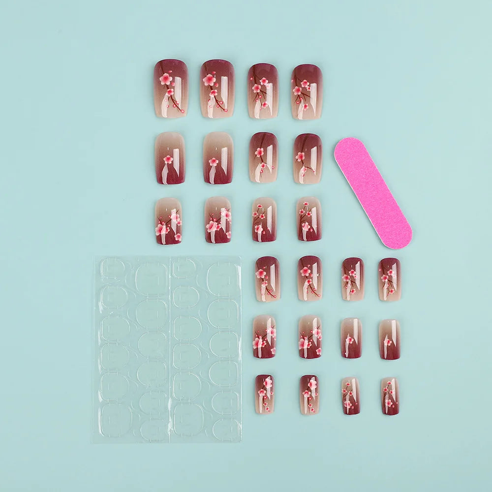 24 Piece Set Medium Long Press On Nails with Floral Design - Smarsty