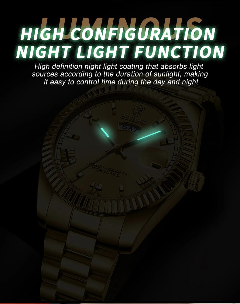 BINBOND Men's Classic Waterproof Quartz Watch with Luminous Dial - Smarsty