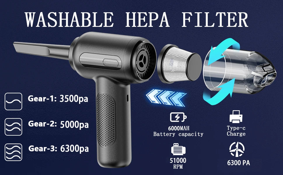 Air Duster - High-Power Suction, 6000mAh Dual-Purpose, Mini Handheld, Multi-Functional, One-Click Dusting, with Crevice Tool, Du