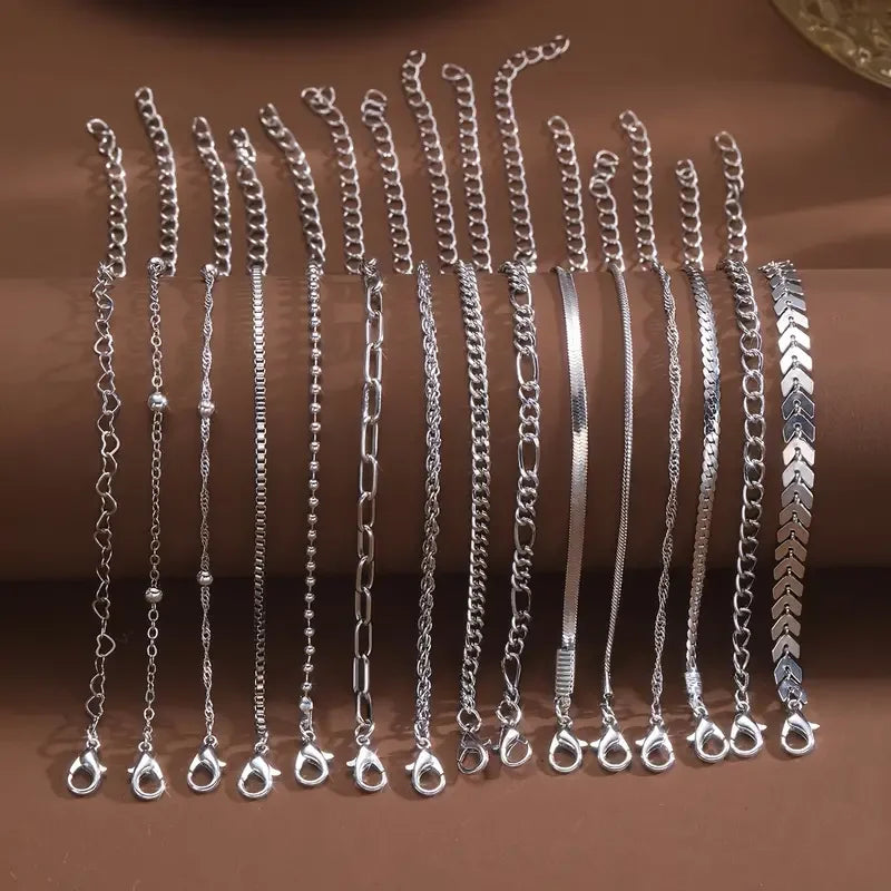 15 Piece Silver Chain Bead Bracelets for Women - Smarsty