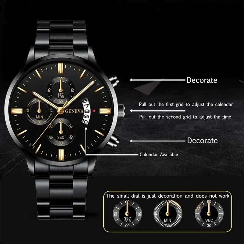 Luxury Black Stainless Steel Men's Watch with Calendar Feature - Smarsty