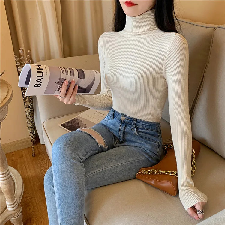 2025 Autumn Winter Women Long Sleeve Knitted Foldover Turtleneck Ribbed Pull Sweater Soft Warm Femme Jumper Pullover Clothes - Smarsty