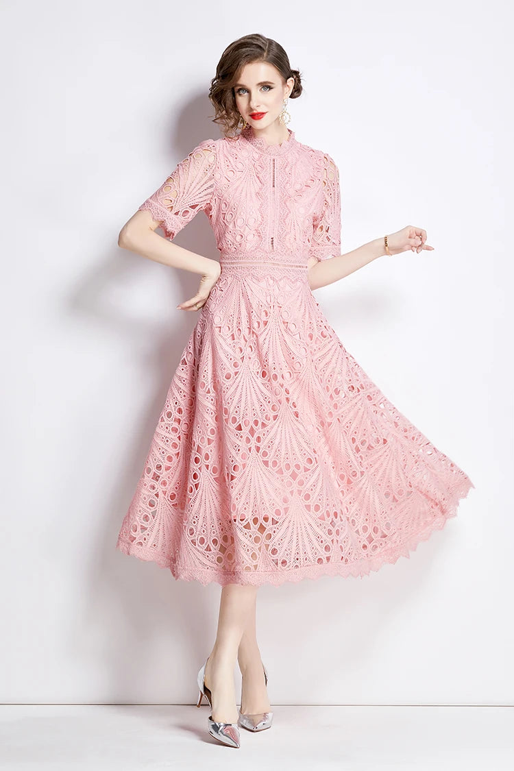 H Han Queen Spring New Elegant Casual Work Party Dresses Floral Crochet Hollow Out Lace Patchwork Casual Office Midi Dress - Smarsty