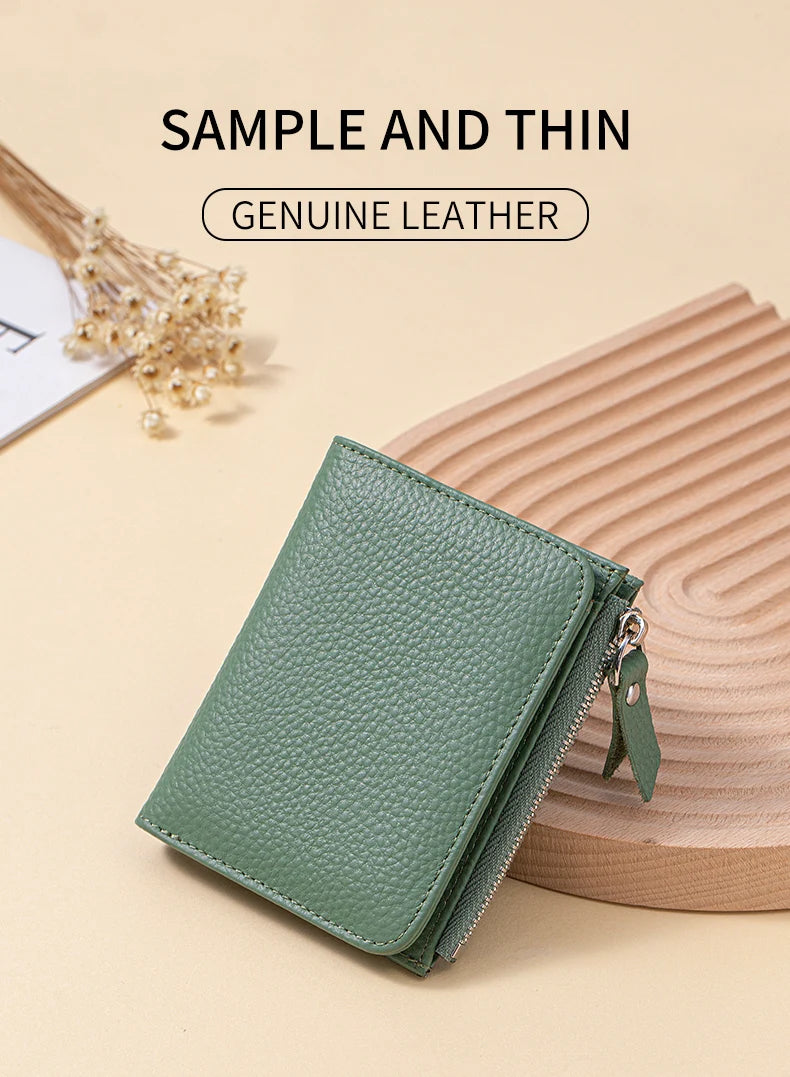 Women Genuine Leather Slim Short Wallet RFID Blocking Bi-Fold Wallet Credit Card Holder money clip wallet Zipper Coin pocket