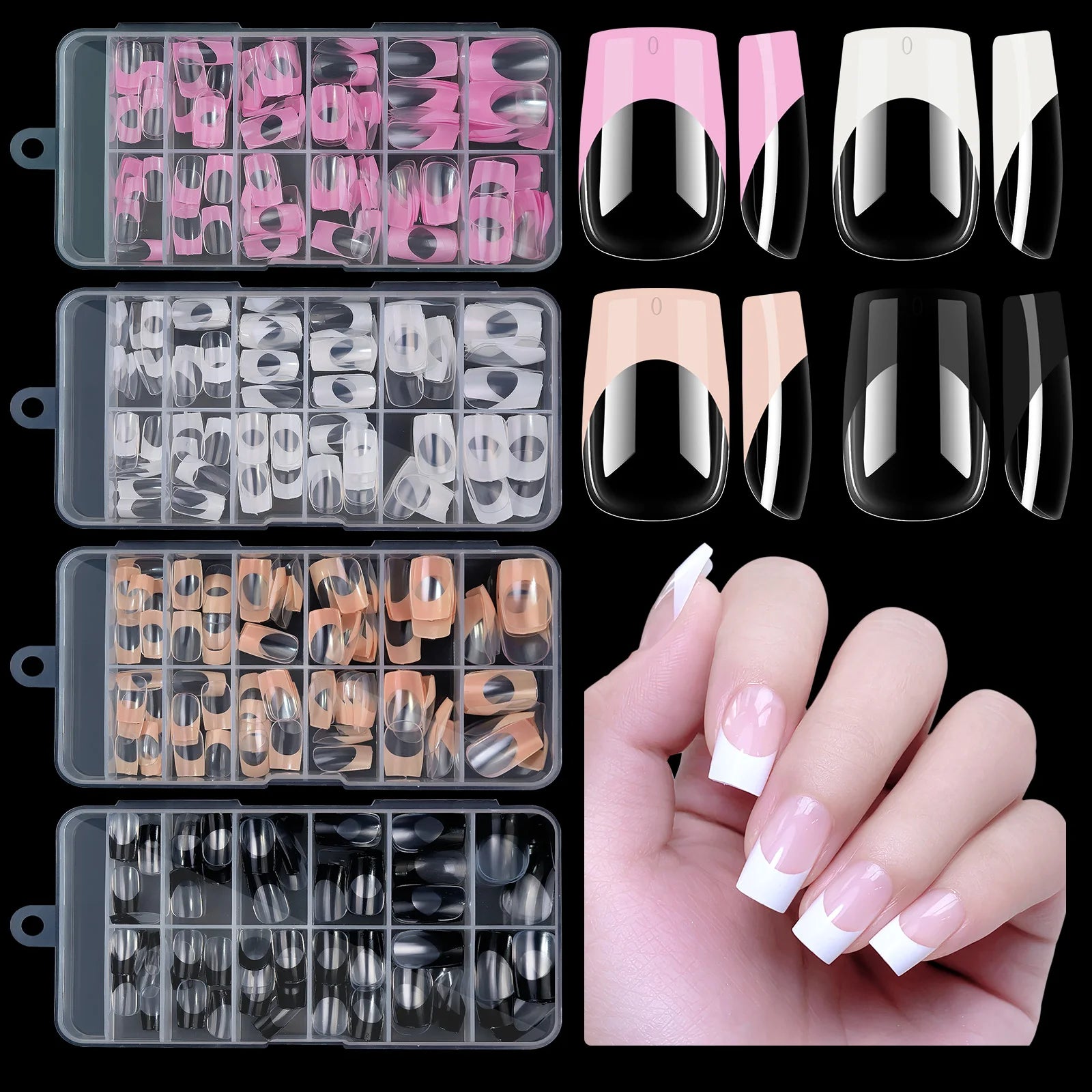 120pcs/box Acrylic French False Nails Medium Length Square Armor Full Cover Nail Tips Can Be Removable Mixed Size Press On Nails - Smarsty
