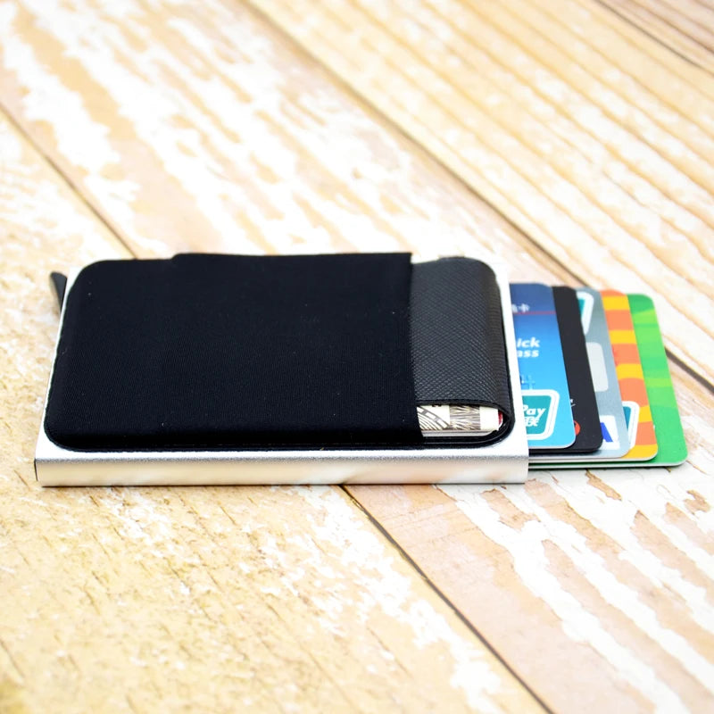 YUECIMIE Slim Aluminum Wallet With Elasticity Back Pouch ID Credit Card Holder Mini RFID Wallet Automatic Pop up Bank Card Case