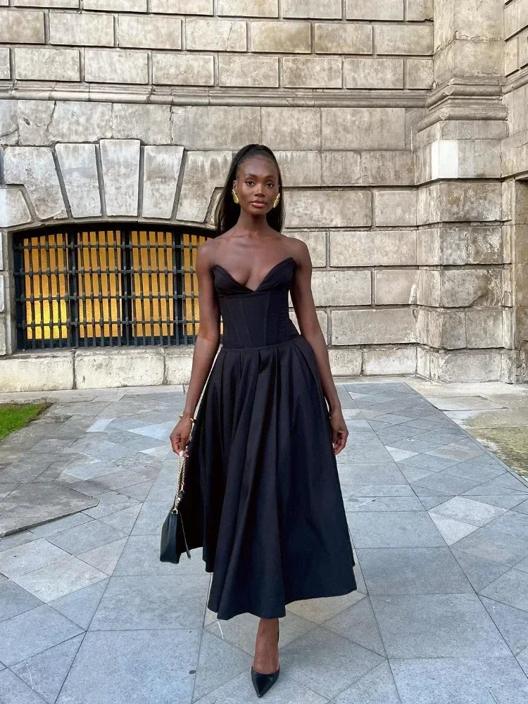 Suninheart Black Elegant Wedding Events Dress Sexy Strapless Corset Dress Midi Christmas Party Dresses for Women Clothing 2023 - Smarsty