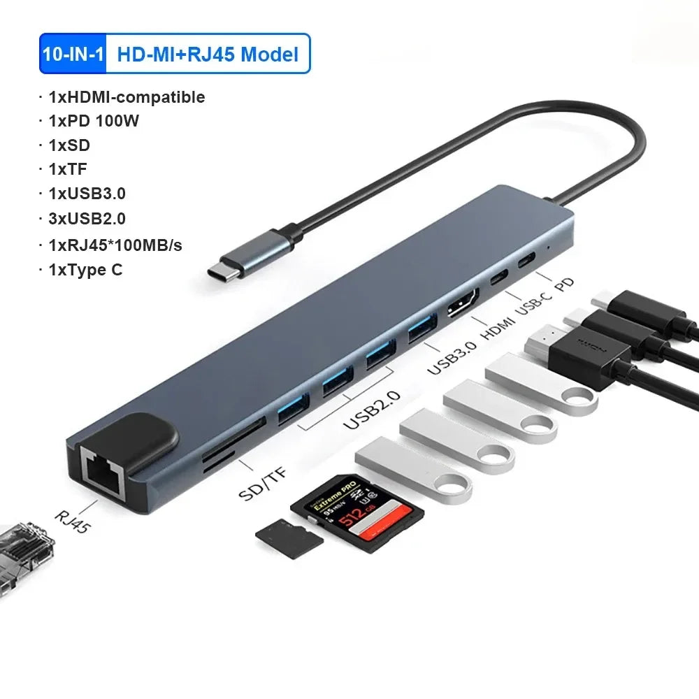 USB C Hub 4K30Hz Dock With HDMI RJ45 Ethernet PD100W