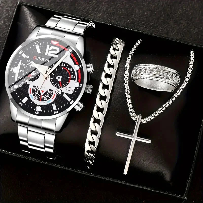 Gold Alloy Men's Quartz Watch and Cross Jewelry Set - Smarsty