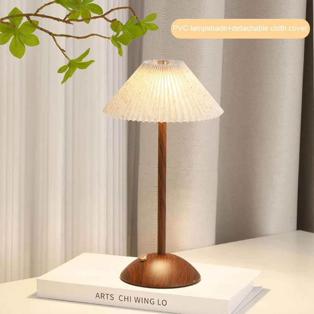 Minimalist Nightstand Light Fabric Shade Portable LED Desk Lamp Wood Base Dimmable Touch Lamp for Restaurant Bedroom Coffee Shop