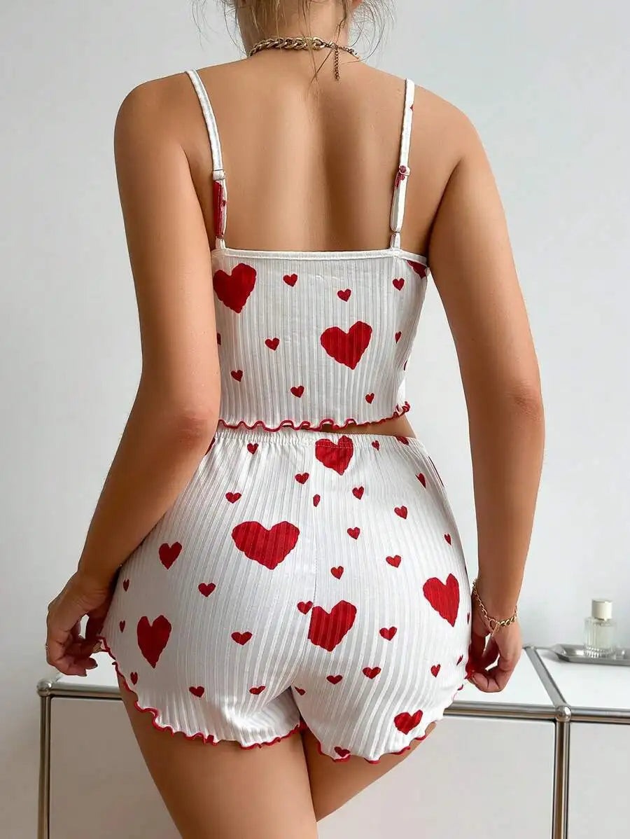 Women's Pajamas Set Sleepwear 2 PCS Short Tank Tops And Shorts S M L White Ventilate Soft Casual Love Printing - Smarsty