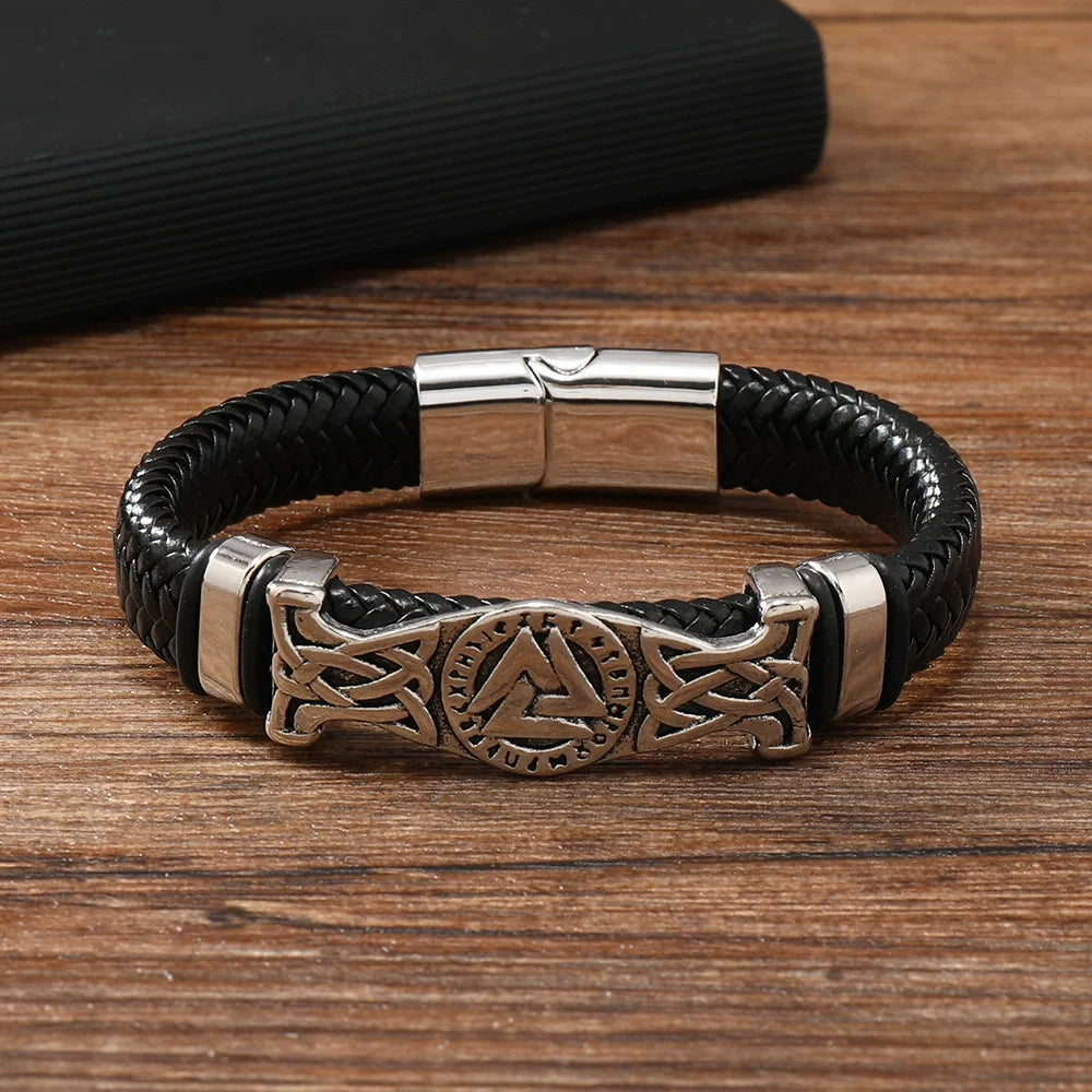 Vintage Viking Leather Bracelet Magnetic Celtic Knot Bangle - Smarsty