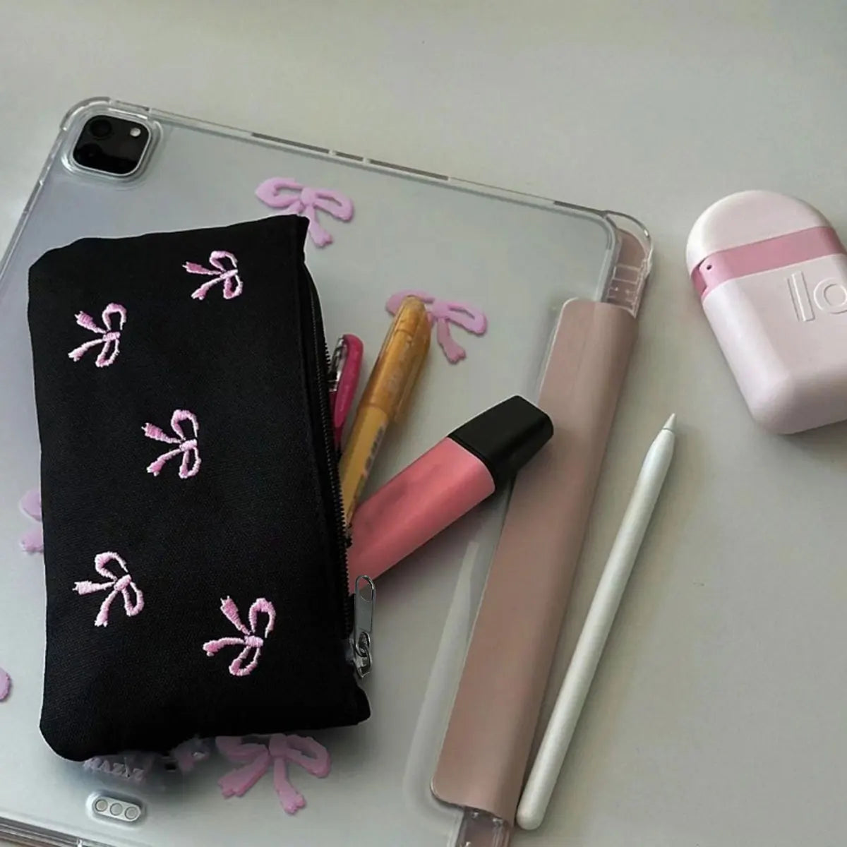 Elegant Bow Embroidery Cosmetic Bag Canvas Pen Case - Smarsty