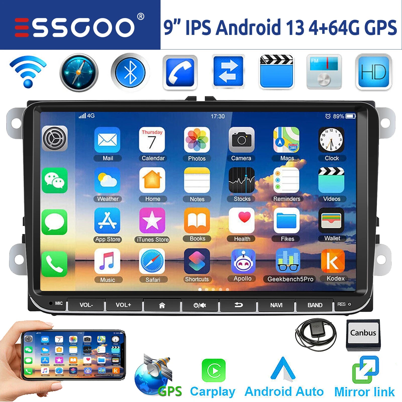 Android Car Stereo With Wireless Carplay GPS Navigation - Smarsty