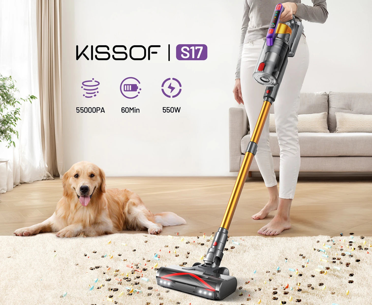 Kissof S17 Pro 550W/55KPA Cordless Vacuum Cleaner, 60Mins Self-Standing Vacuum Cleaners for Home, Anti-Tangle Stick Vacuum - Smarsty