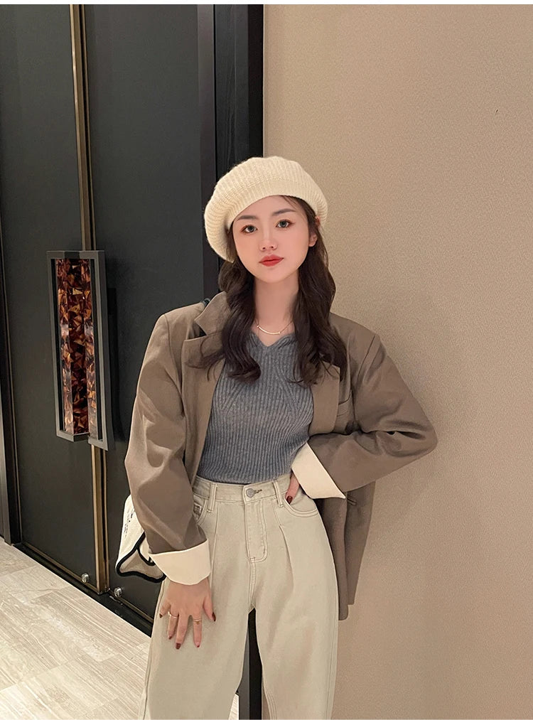 2025 Basic V-neck Chic Autumn Winter Pullover Women Female Knitted Ribbed Sweater Slim Long Sleeve Badycon High Quality Sweater - Smarsty