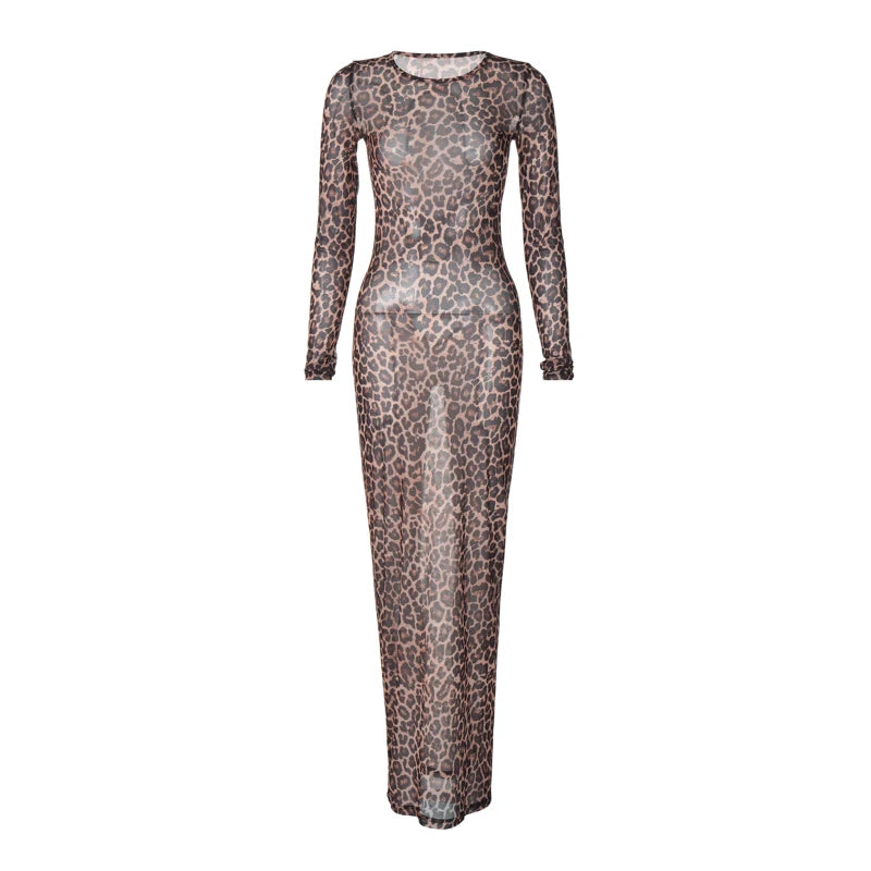 Hugcitar Leopard Print Mesh Long Sleeve Sexy Slim See Through Maxi Dress Fall Women Fashion Outfits Beach Vacation Club
