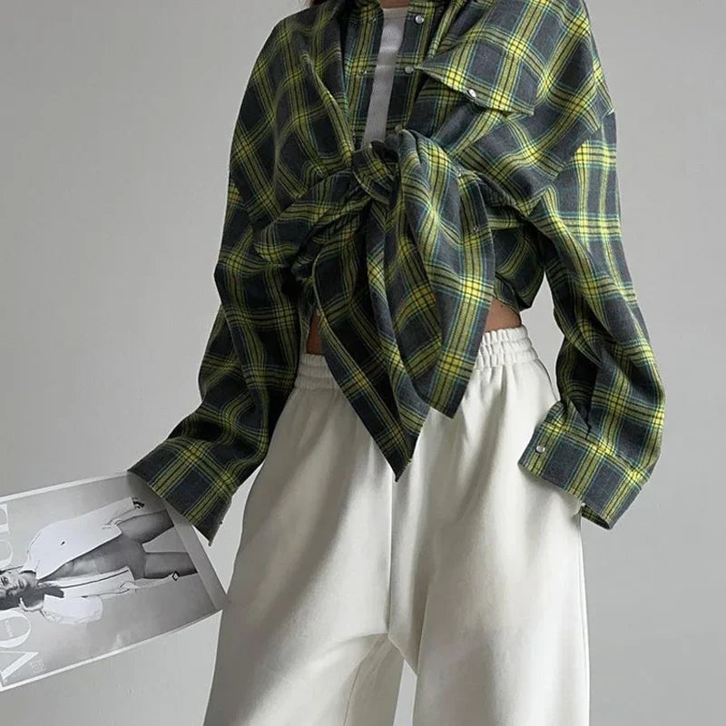 Oversized Plaid Shirt Autumn Winter Women Vintage Long Sleeve Fashion Loose Lapel Pocket Shirt Fit Blouse Korean Style - Smarsty