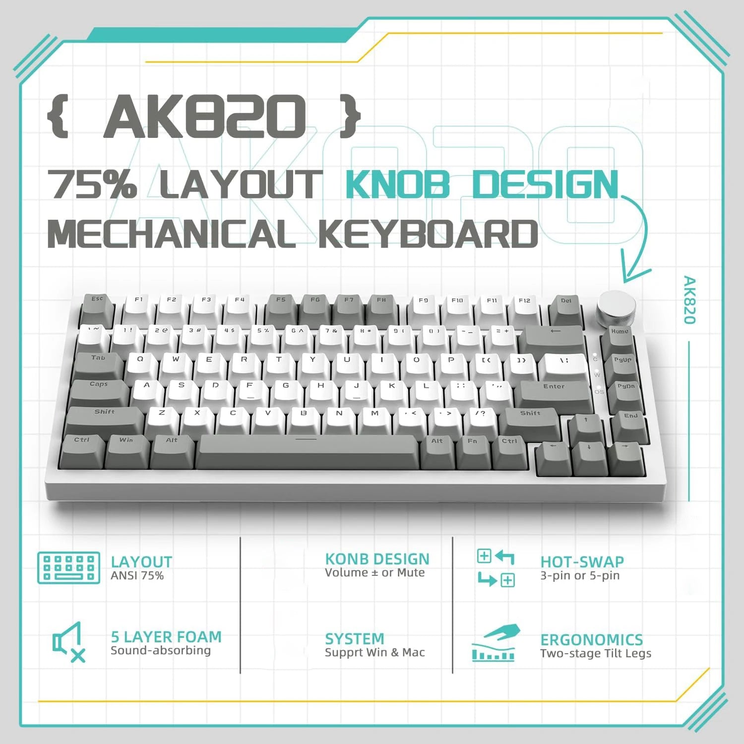 AK820 Mechanical Keyboard With Rotary Volume Control