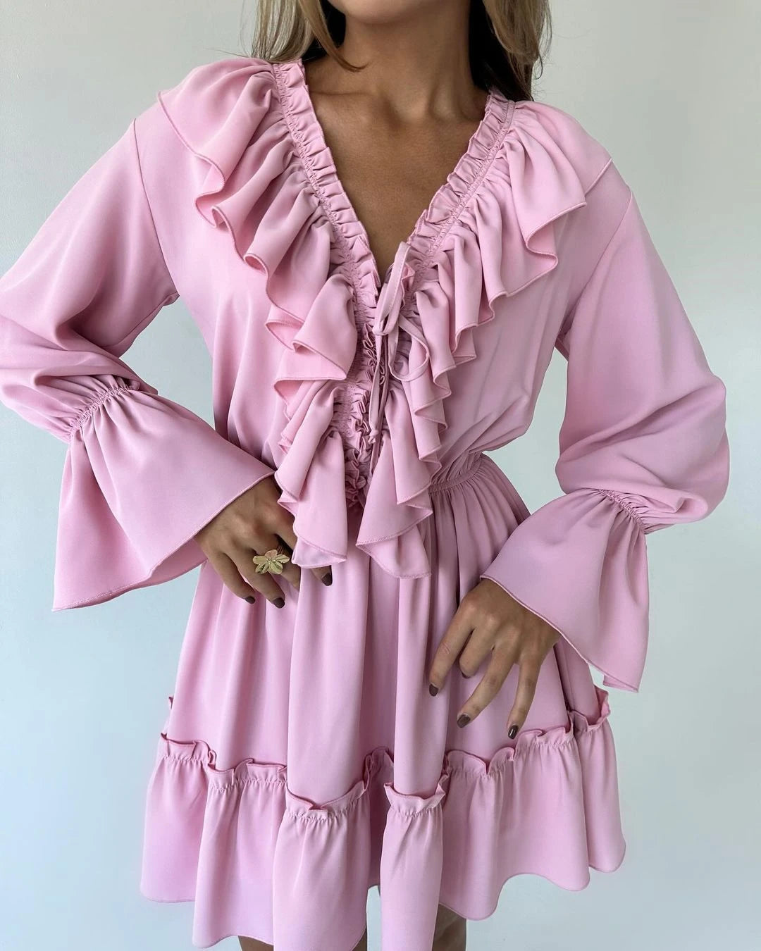 Tossy Ruffled V-Neck White Mini Dress Female Patchwork Long Sleeve Elegant Bandage Fashion Dress High Waist Lace-Up Women Dress - Smarsty