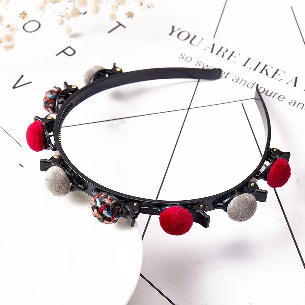 Double Layer Braided Headband With Pearl Accent Comfortable - Smarsty