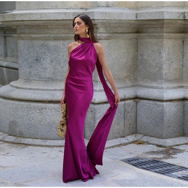 Elegant Solid Ribbon Women Halter Dress Off Shoulder Sleeveless Backless Slim Female Maxi Dresses 2025 Summer New Chic Lady Robe - Smarsty