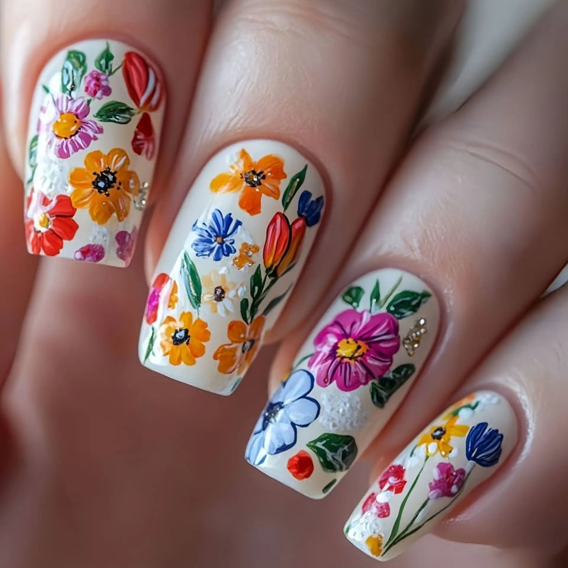 24 Piece Set Medium Long Press On Nails with Floral Design - Smarsty
