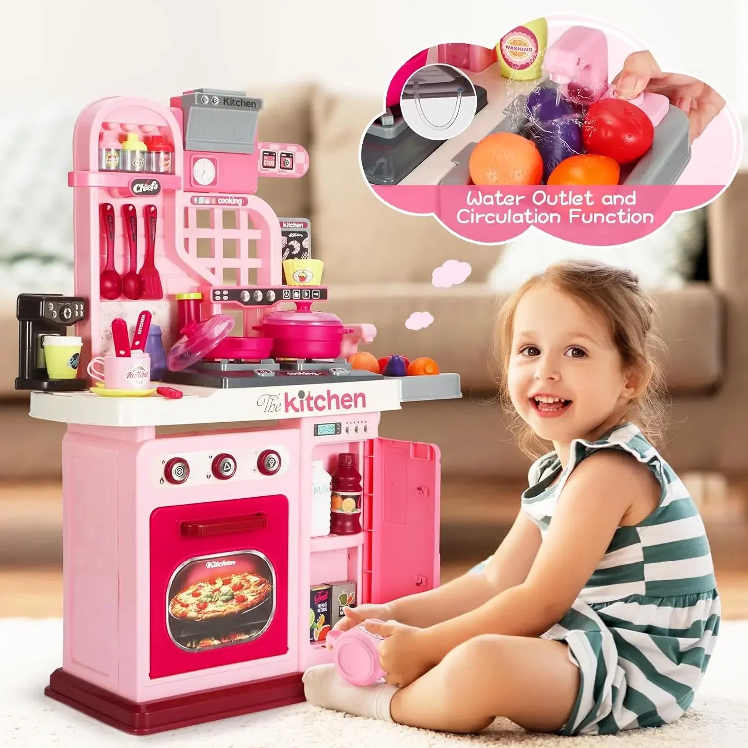 Kids Kitchen Playset ,Kitchen Set for Toddlers 1-3 3-5, Cooking Stove, Play Sink and Kitchen Accessories, Toy Kitchen (Pink)