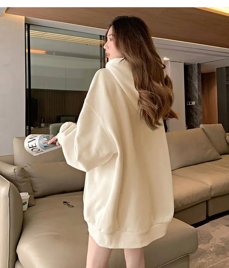 Women Embroidery Print Sporty Chic Hoodies Casual Zip Up Long Sleeve Loose Jacket Coats Harajuku Hooded Sweatshirts Streetwear