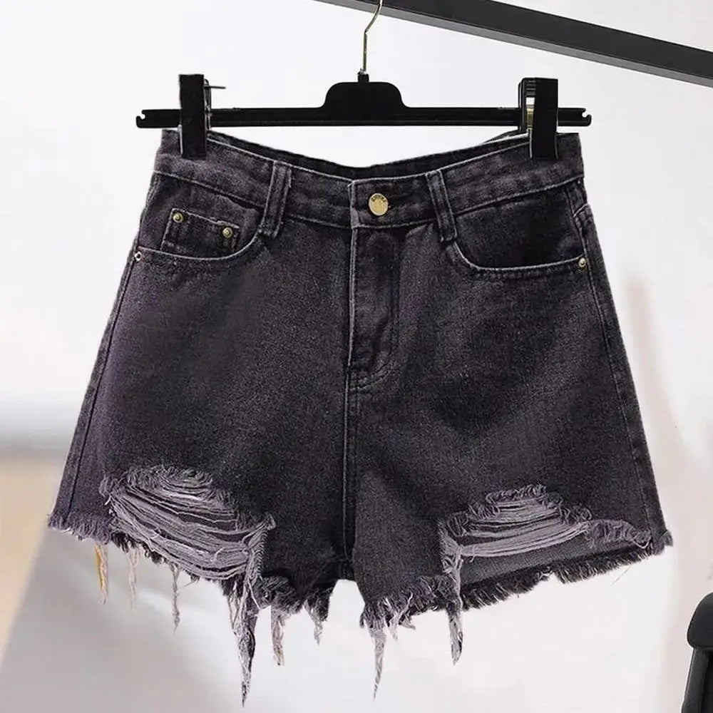 Summer Women's Cowboy Shorts Korean High Waist Casual Denim Shorts Pocket Tassel Perforated Ripped Holes Y2K Girls White Jeans - Smarsty