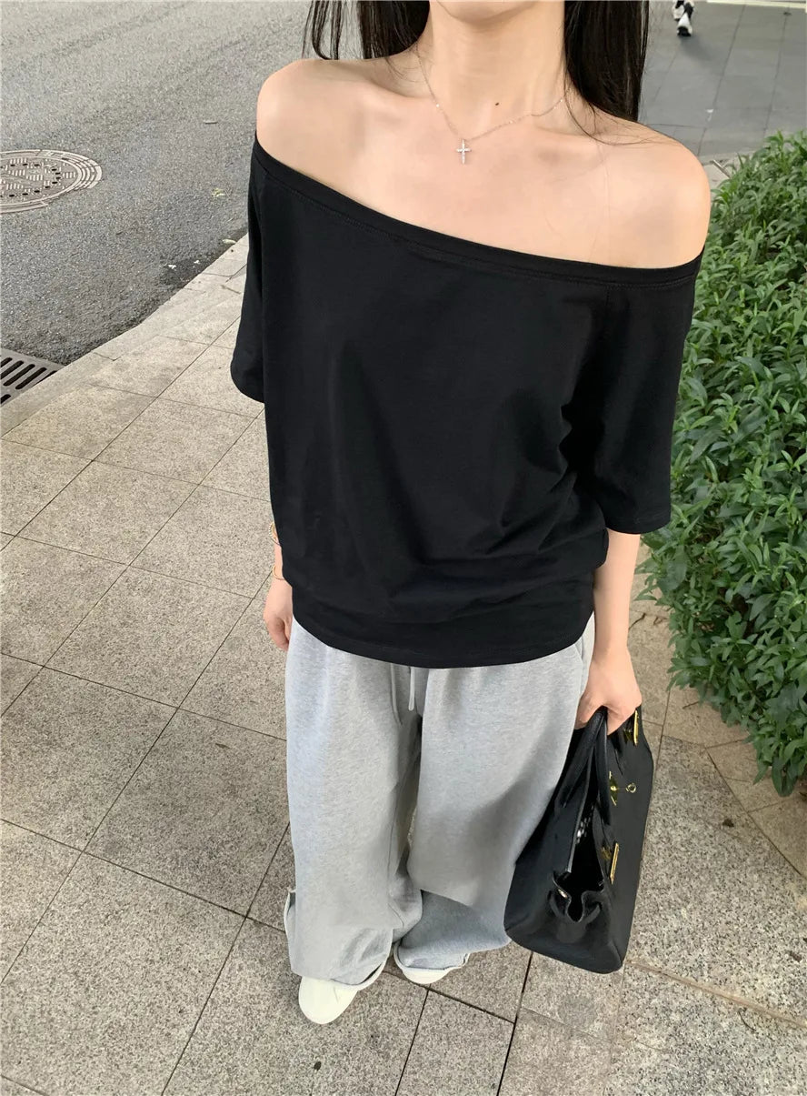 Sexy Pullovers Women Off Shoulder Cropped Knitted Basic Clothes Autumn All-match Side Slit Simple Tender Slim Gentle Seductive - Smarsty