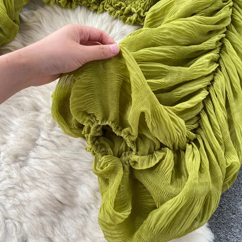 Women Sexy Chiffon Short Blouse Female See Through Super Long Sleeve Blusas Purple/Green/Black/White Folds Party Tops 2022 New - Smarsty