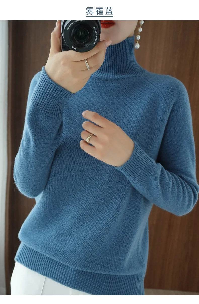 Fashion Basic Autumn Winter Merino Wool Sweater Mock Neck Cashmere Pullover Solid Color Soft Long Sleeve Clothing Tops - Smarsty