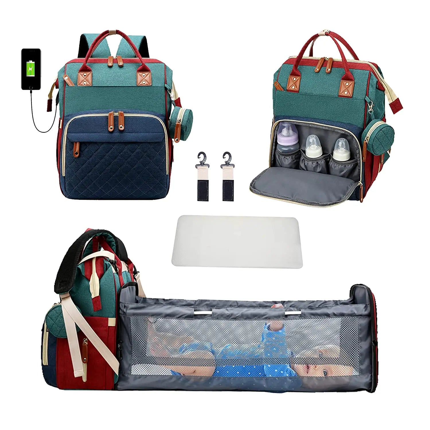 3 In 1 Diaper Bag Backpack Foldable Baby Bed Waterproof Travel Bag with USB Charge Diaper Bag Backpack with Changing Bed 3 types by Smarsty