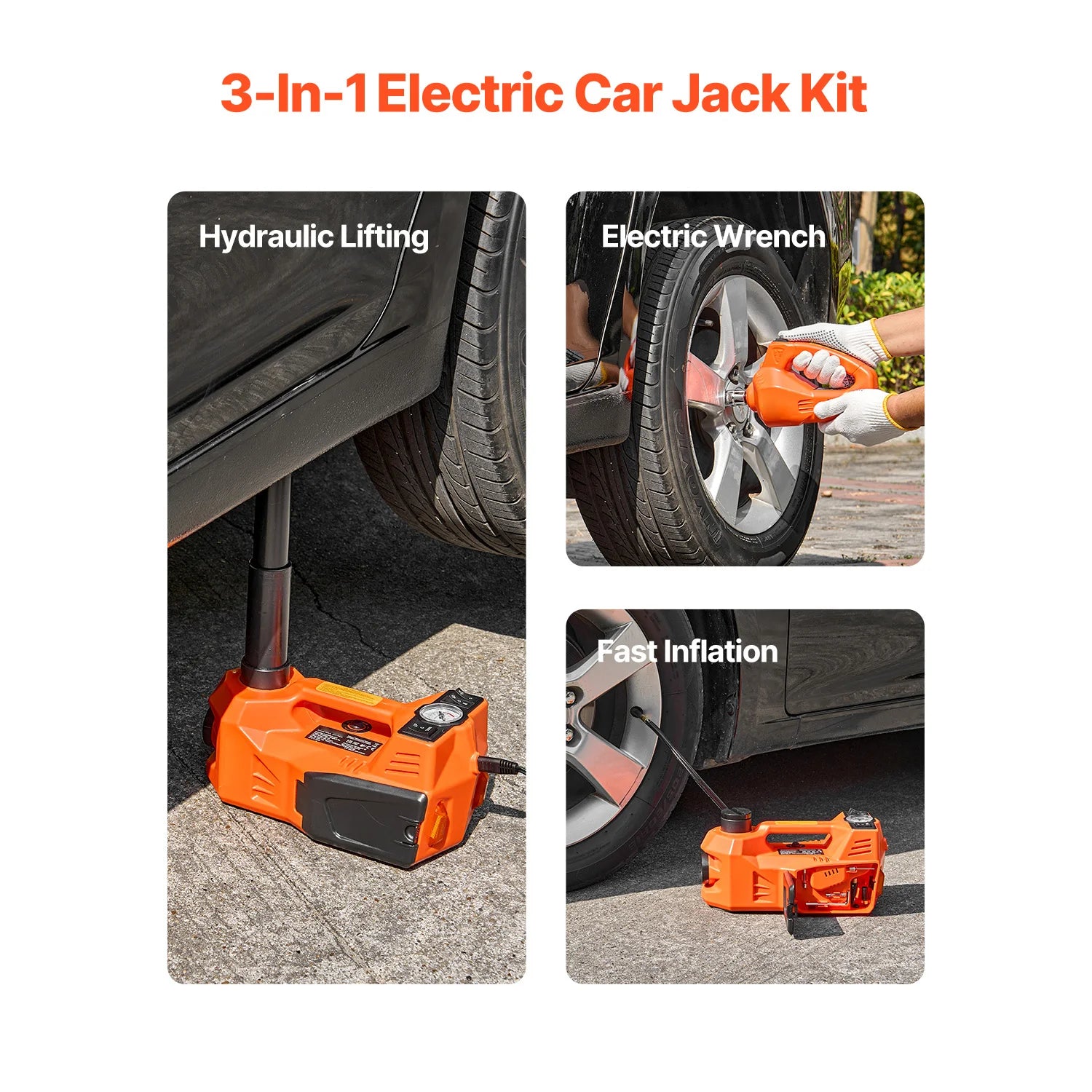 SucceBuy Electric Car Jack, 5T Electric Scissor Jack with Built-In Inflator 12V Tire Changer with LED Light for Sedan SUV Truck