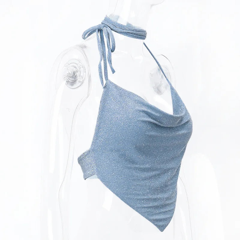 Halter Top Glitter Tanks 2025 Summer Outfits Blue Bright Silk Camis Ruched Top Crop Backless Vests Sexy Tops Cropped Clothes - Smarsty