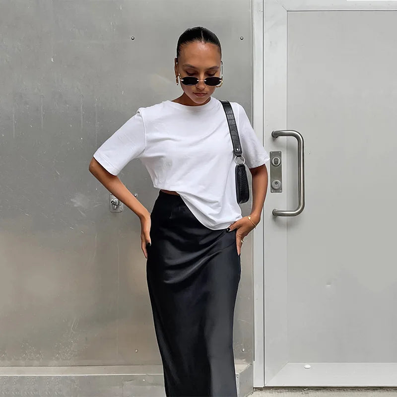 Elegant Satin Black Trumpet Skirts Fashion Slim High Waist Skirts Women Female Solid Office Long Skirt Spring Summer - Smarsty